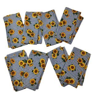 Set of Eight Cloth Napkins Sunflowers on Navy White Gingham Vintage 80s 90s